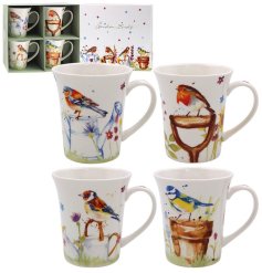 Embrace nature's beauty every morning with our Set 4 Garden Bird Mugs, 