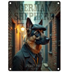 "Eye-catching metal sign featuring a German Shepherd design. Perfect for any canine lover!"