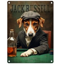 Adorable metal sign featuring a dapper Jack Russell in a charming hat - perfect for any dog lover's decor!