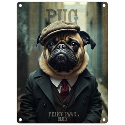 Peaky Paws Pug Metal Sign, 20cm 
