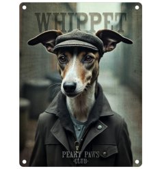 Get a unique metal sign featuring an adorable whippet dog wearing a flat cap for a touch of quirkiness.