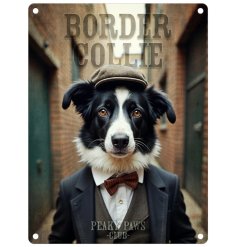 "Enhance your sign collection with this charming collie dog board. Add a touch of whimsy to your decor!"