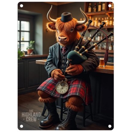 Highland Cow Bagpipes Metal Sign, 20cm 