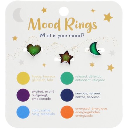 A charming set of 3 mood rings in a moon, star and sun design. 