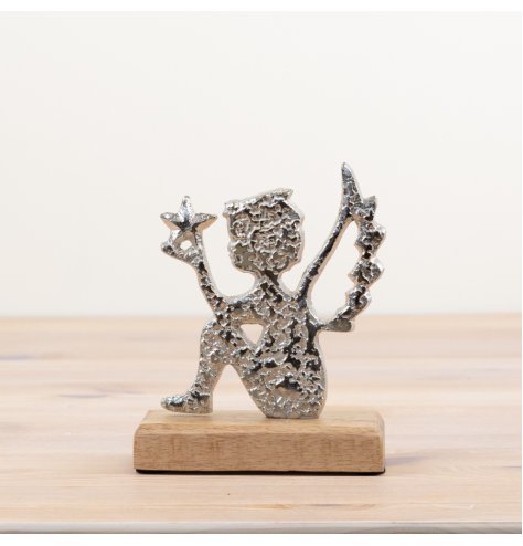 A beautiful angel ornament with a hammered finish, star detail and wooden base.