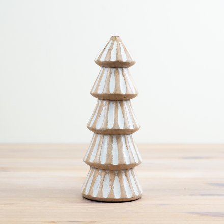 A charming mango wood tree with a carved pattern and white wash finish. 