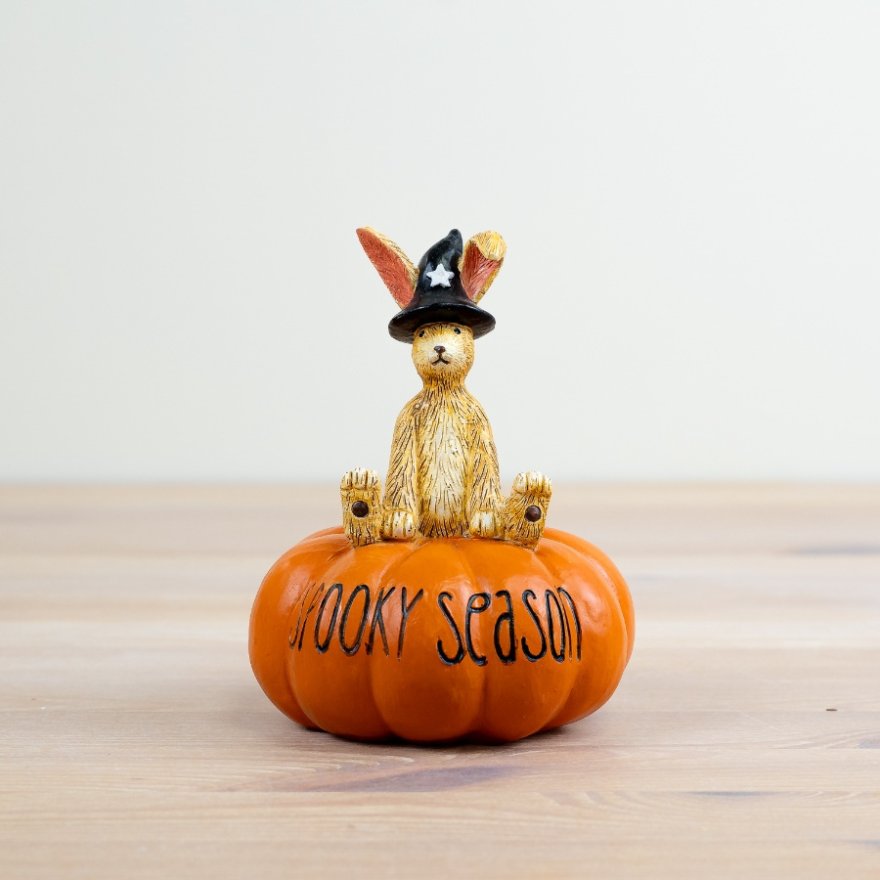 Resin Witch Rabbit on Pumpkin, 13.5cm 