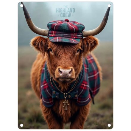 Highland Cow Tartan Hat Large Metal Sign, 40cm 
