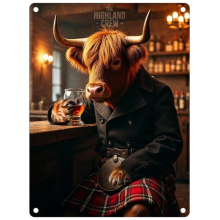 Highland Cow With Whisky Large Metal Sign, 40cm 