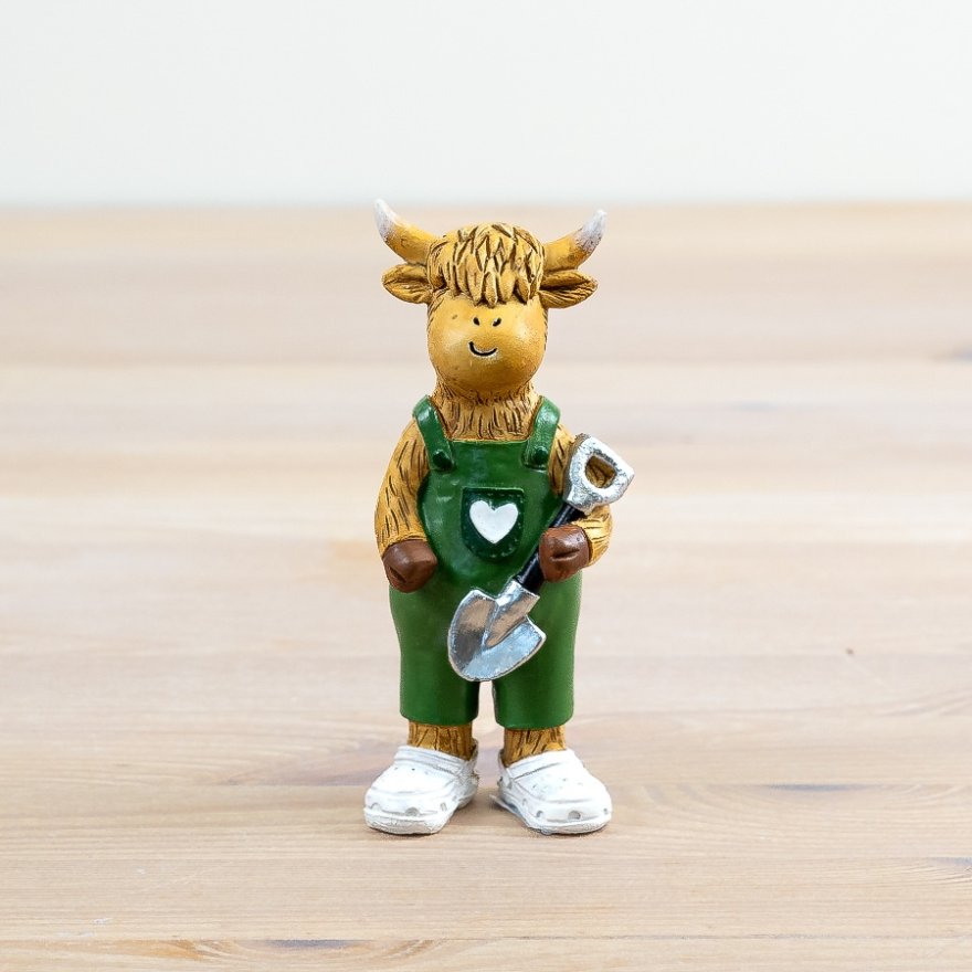 Standing Highland Cow Holding Shovel, 12cm 