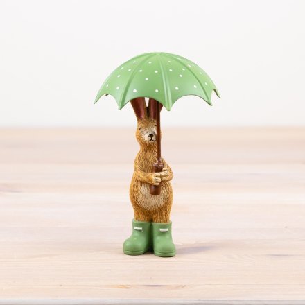 Rabbit Holding Green Umbrella, 16cm 