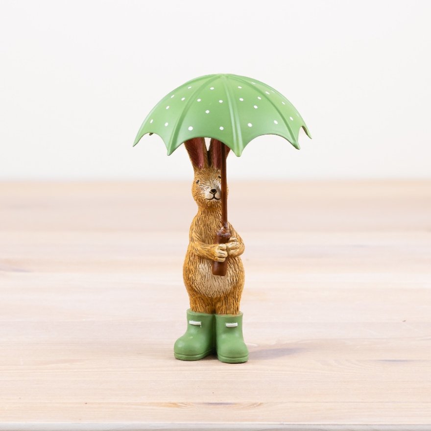 Standing Rabbit Holding Green Umbrella, 16cm 