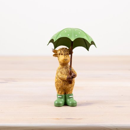 Highland Cow with Umbrella & Wellies, 16cm 