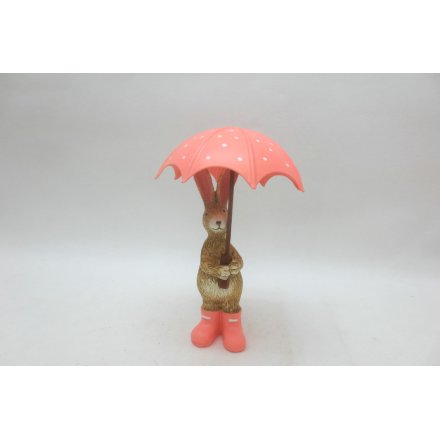 Polyresin Rabbit Holding Pink Umbrella, 16cm 