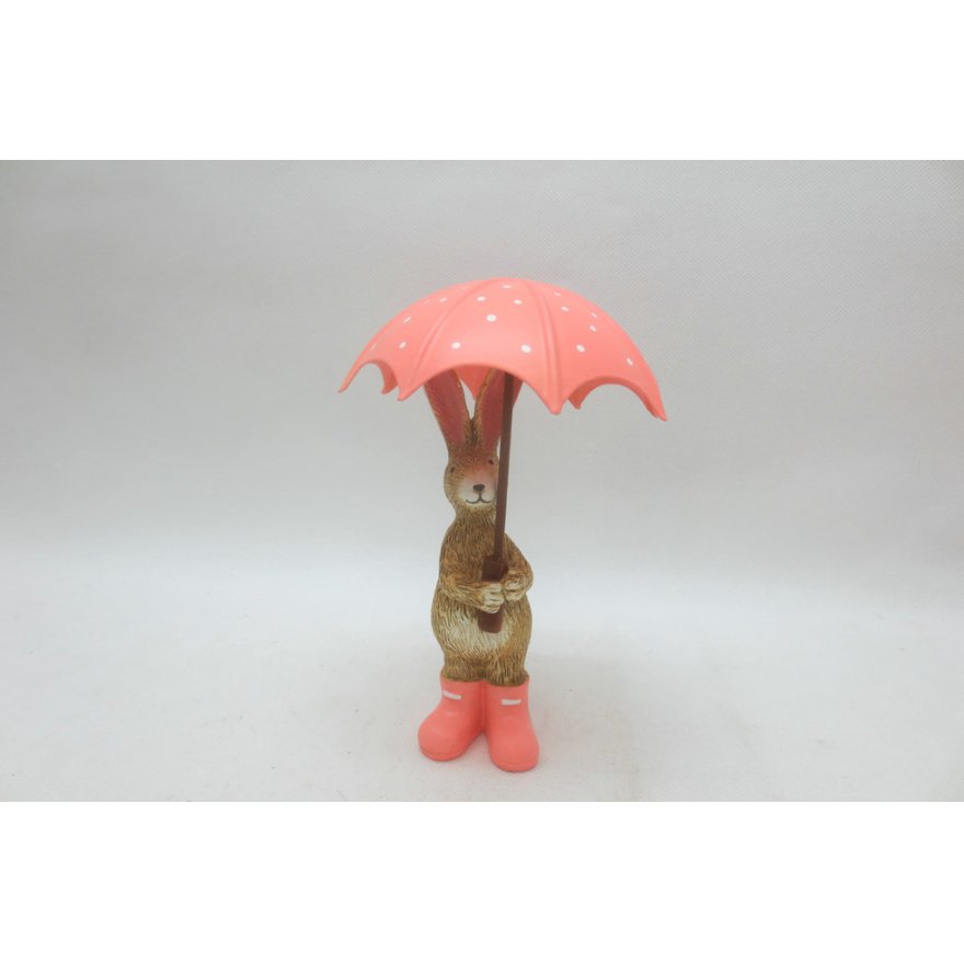 Polyresin Bunny Statue with Pink Umbrella, 16cm