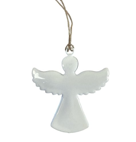 Glazed angel ornament suspended by natural jute twine for a rustic, charming touch.