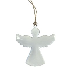 Glazed angel ornament hanging from rustic jute twine for a charming, simple touch.