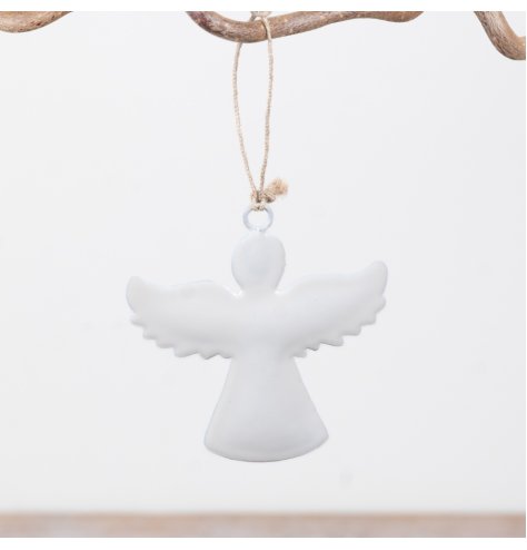 Glazed angel ornament suspended by natural jute twine for a rustic, charming touch.