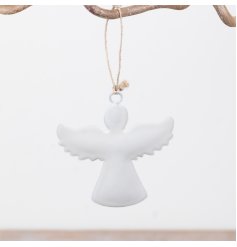 Glazed angel ornament hanging from rustic jute twine for a charming, simple touch.