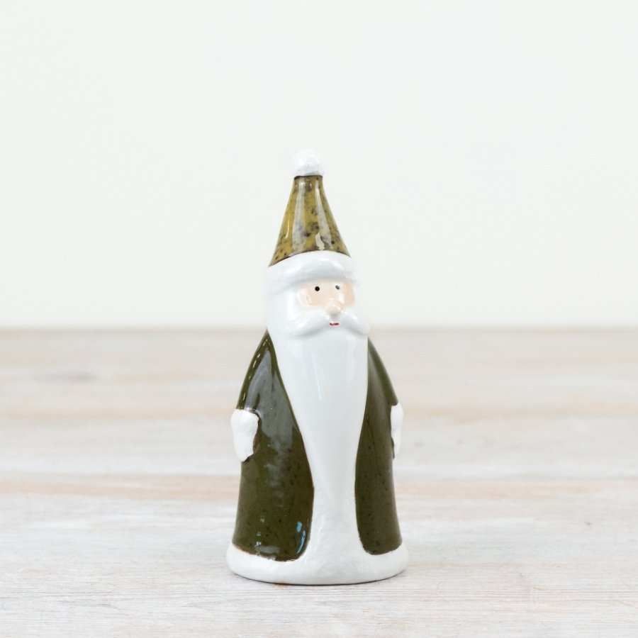 A characterful Santa ornament with a mix of green reactive glazes. A beautiful woodland inspired decoration. 