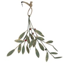 A rustic metal hanging pick with red berries and a dusting of gold. Complete with a jute string hanger. 