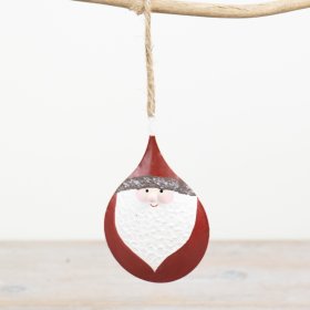 A charming and unique metal Santa decoration with textured details and a jute string hanger. 
