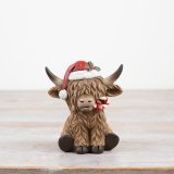 Festive Resin Highland Cow W/ Candy Cane, 11cm