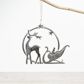 Introducing a delightful metal decoration featuring a charming reindeer and sleigh design encircled in metal.