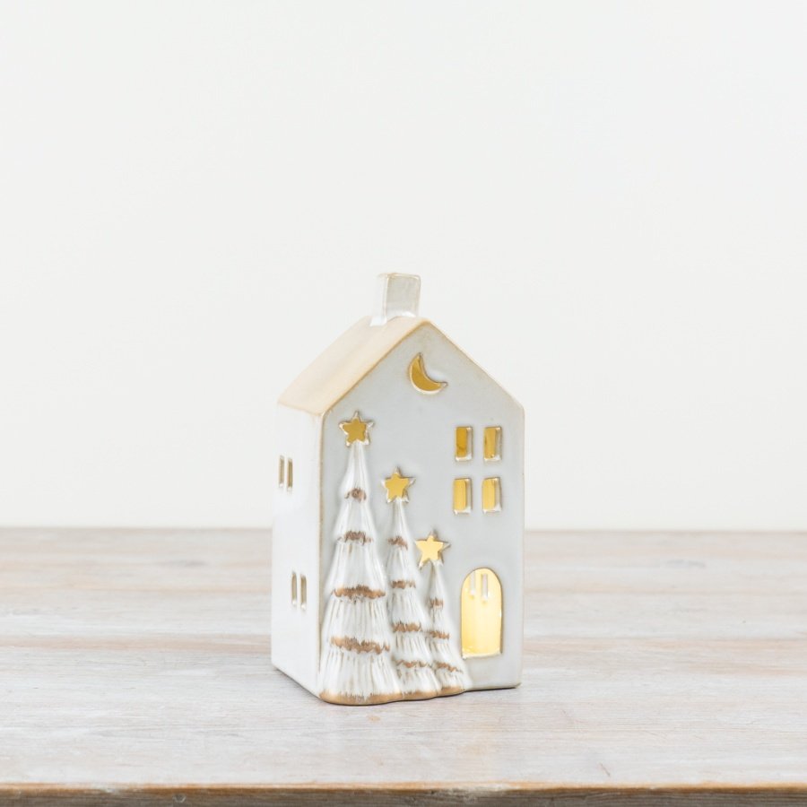 Introducing our stunning LED ceramic house, crafted in elegant white and adorned with 3D trees featuring a delicate gold