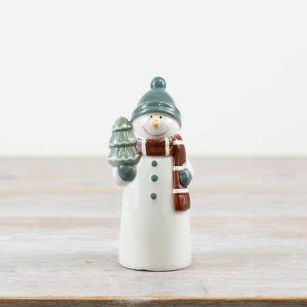 Introducing a charming snowman ornament, complete with a stylish sage green scarf and gloves