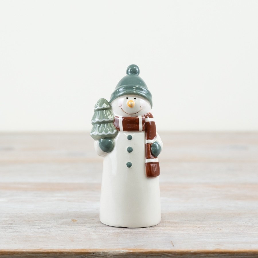 Introducing our charming snowman ornament, complete with a stylish sage green scarf and gloves.