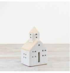 A stunning natural glazed church t-light holder complete with cut out windows
