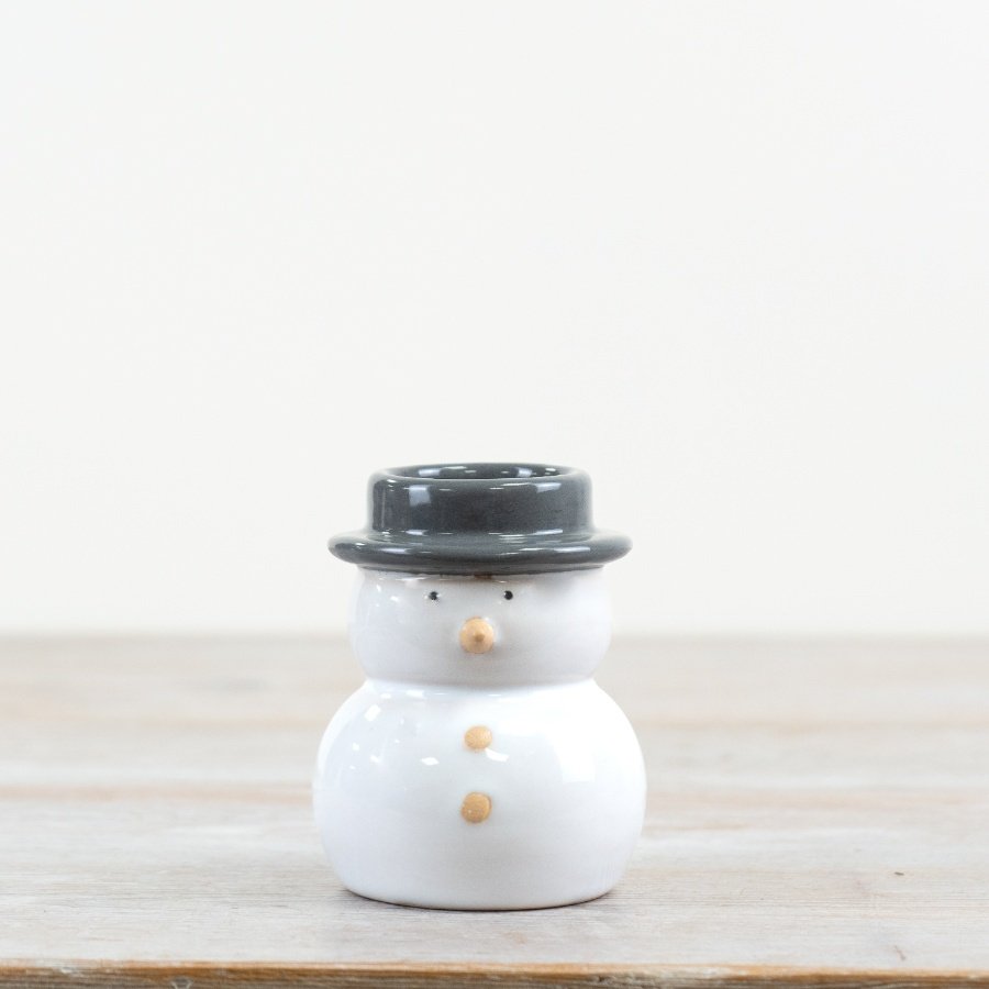 A charming snowman in white and grey colours with a t-light holder in his hat. 