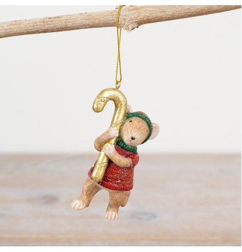 Add a touch of holiday cheer with our charming Hanging Mouse Gold Candy Cane ornament for your home.