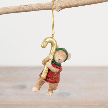 Mouse with Candy Cane, 8.5cm 