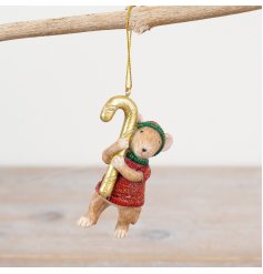 Spruce up your home with our charming Hanging Mouse With Gold Candy Cane ornament 