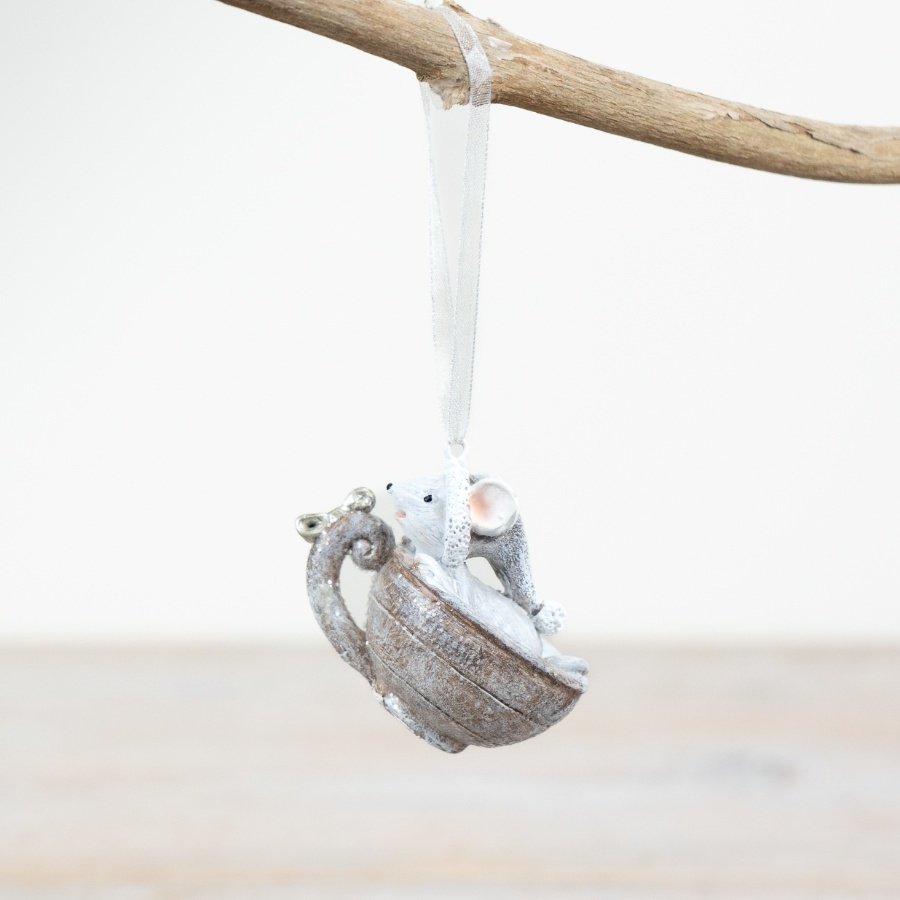 Mouse in Tea Cup Hanging Decoration, 6cm