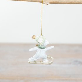 A beautifully crafted mouse decoration with candy cane snowboard. A fabulous, festive decoration with gold string 