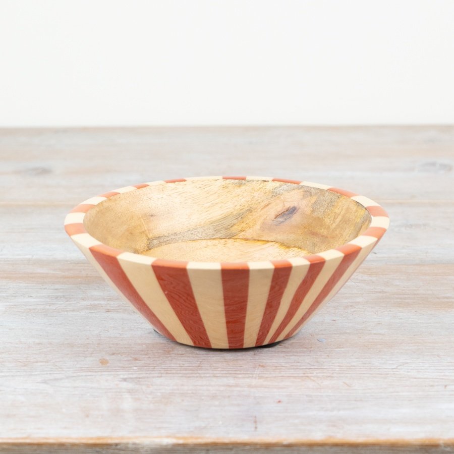 Charming striped serving bowl adds a touch of whimsy to your table. 