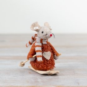 A charming felt mouse decoration in a rich orange hue with knitted scarf and wooden skis. 