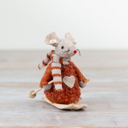 A chic felt mouse on skis. In a beautiful burnt orange fabric with knitted scarf.