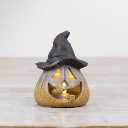 Carved LED Witch Pumpkin, 10.5cm 