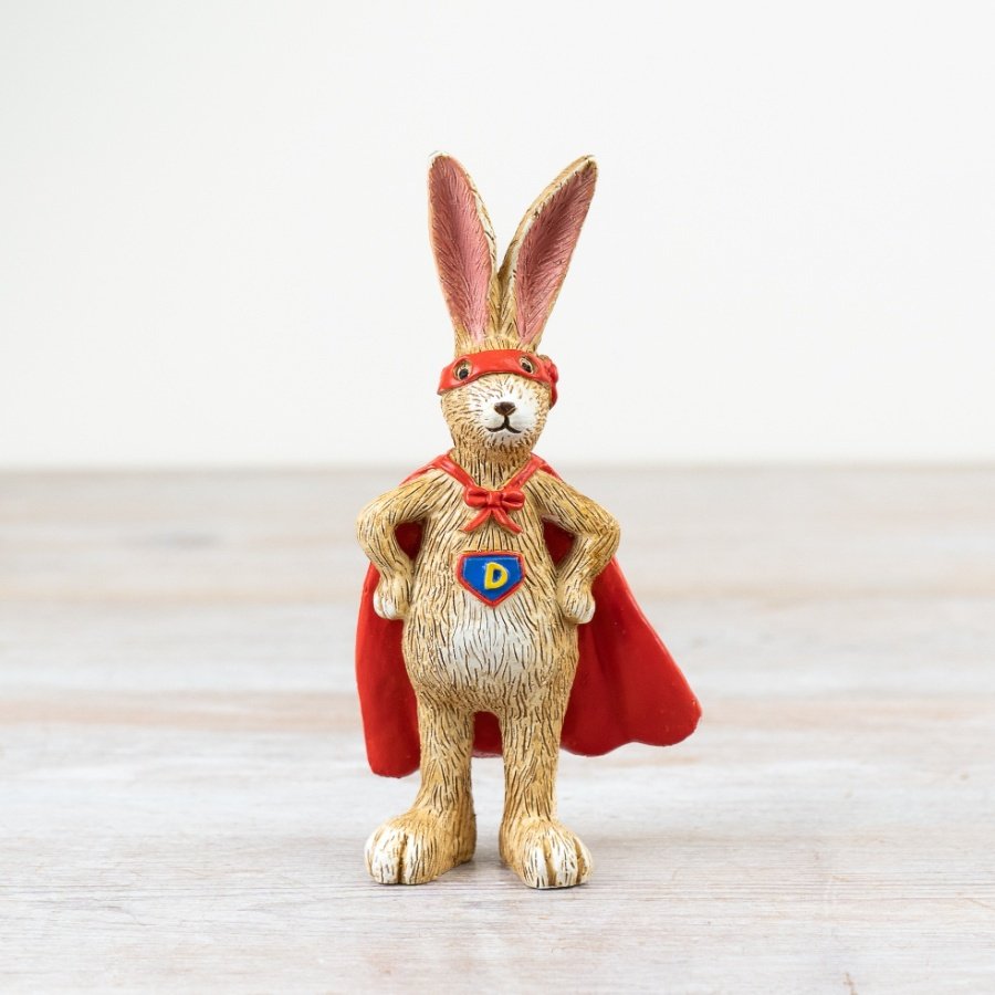 A unique, colourful and beautifully detailed Jasper rabbit ornament with a super daddy cape and mask. 