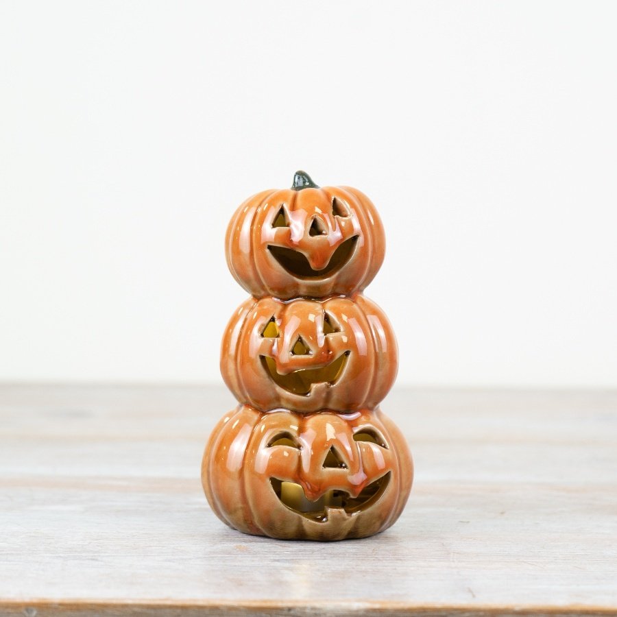 Exciting 3-piece pumpkin tower adds playful charm to any fall decor.