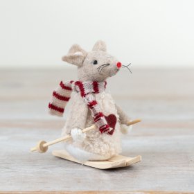 A charming felt mouse decoration with a knitted scarf and wooden skis. 