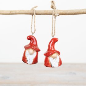 A mix of 2 hand crafted woodland gonk ornaments. Each has a rich reactive glaze and jute string hanger.