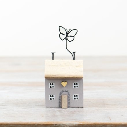 Grey Wooden Butterfly House Deco, 10.5cm 