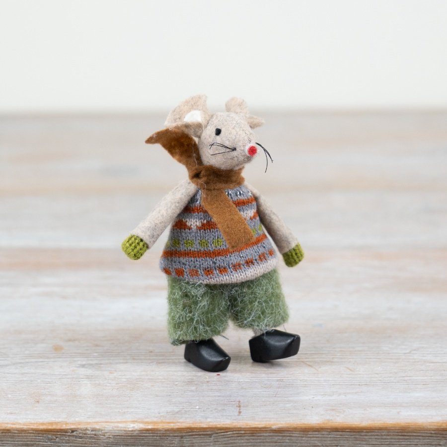 This delightful little fabric mouse comes dressed in a snug jumper and stylish black clogs