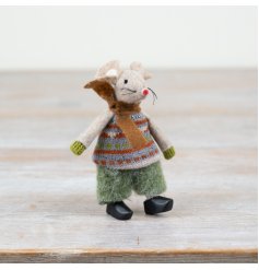 A charming woodland-inspired fabric mouse, complete with a snug jumper and stylish black clogs.