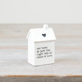 Charming house ornament in white with scripted text and mini grey heart design. Adds an elegant touch to any home!